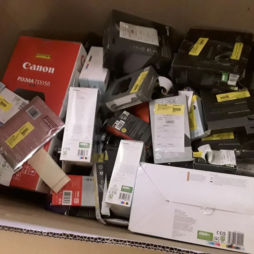 BOX OF ASSORTED ELECTRONIC PRODUCTS INCLUDING CANON PRINTER, HEADPHONES, BLUETOOTH RADIO, EARBUDS