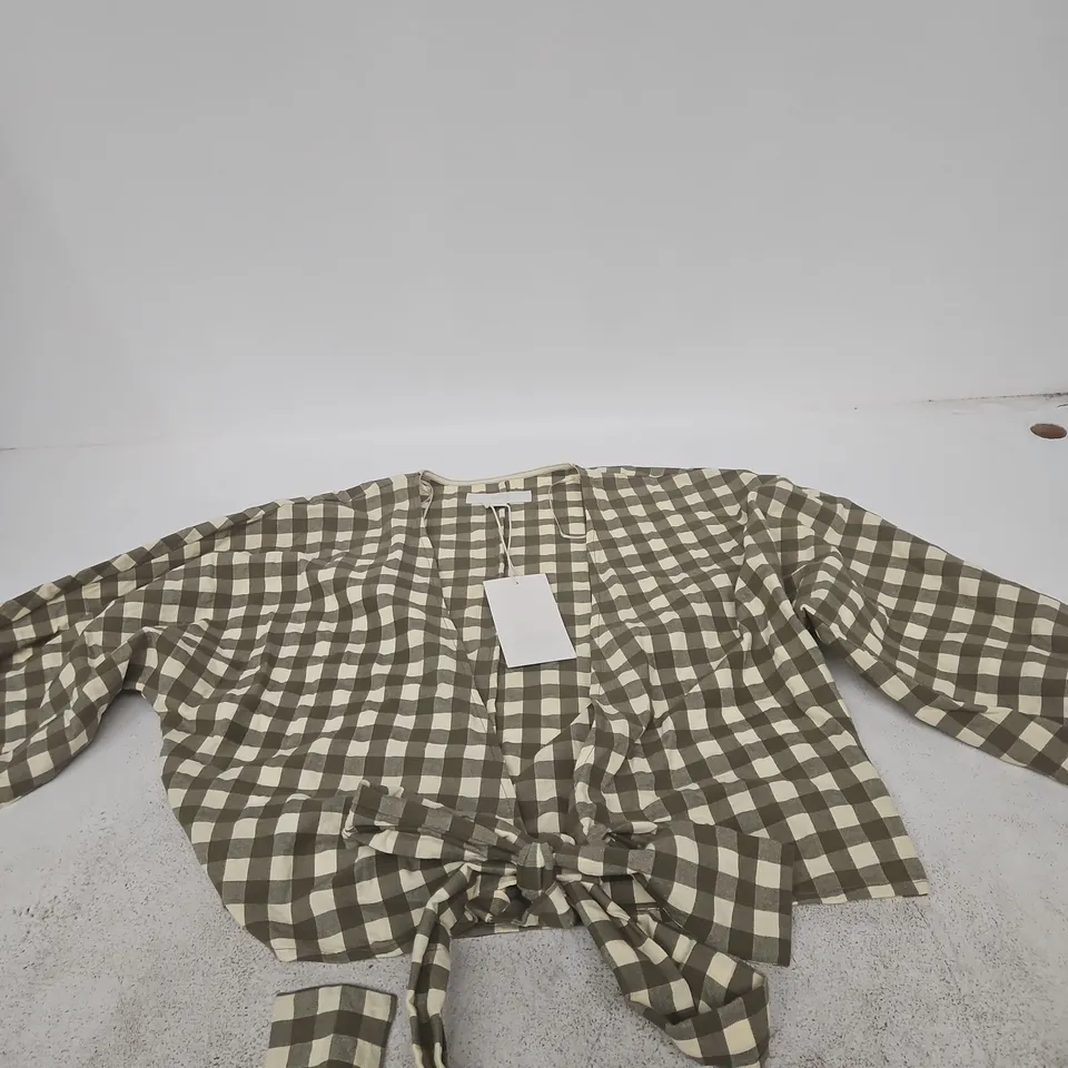 ZARA WOMEN'S CHECKERED WRAP BLOUSE WITH BELT – SIZE S (EUR/USA) – MADE IN CAMBODIA