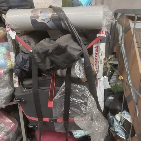 CAGE CONTAINING A LARGE QUANTITY OF ASSORTED ITEMS INCLUDING: YOGA MATS, BAMBOO SHOE RACK ECT - CAGE NOT INCLUDED