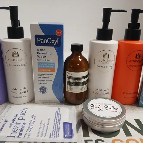 APPROX 12 ASSORTED BEAUTY PRODUCTS TO INCLUDE ATKINSONS CONDITIONER, AESOP CLEANSING MILK, PANOXYL ACNE FOAMING WASH, ETC 