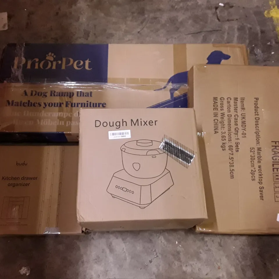 PALLET CONTAINING ASSORTED PRODUCTS INCLUDING MARBLE WORKTOP SAVER, DOUGH MIXER, KITCHEN DRAWER ORGANISER & DOG RAMP
