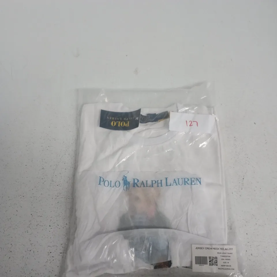 POLO RALPH LAUREN JERSEY CREW NECK TEE ALL FIT – WHITE BEAR LOGO T‑SHIRT, UK M