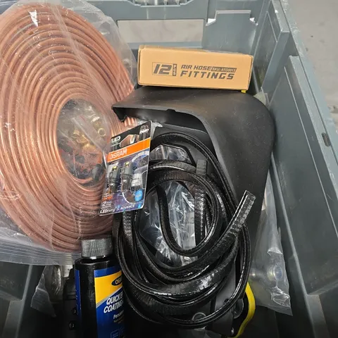 BOX OF ASSORTED CAR ITEMS TO INCLUDE - WINDOW TRIM - TYRE REPAIR TOOLS - HEAD LIGHT BULBS