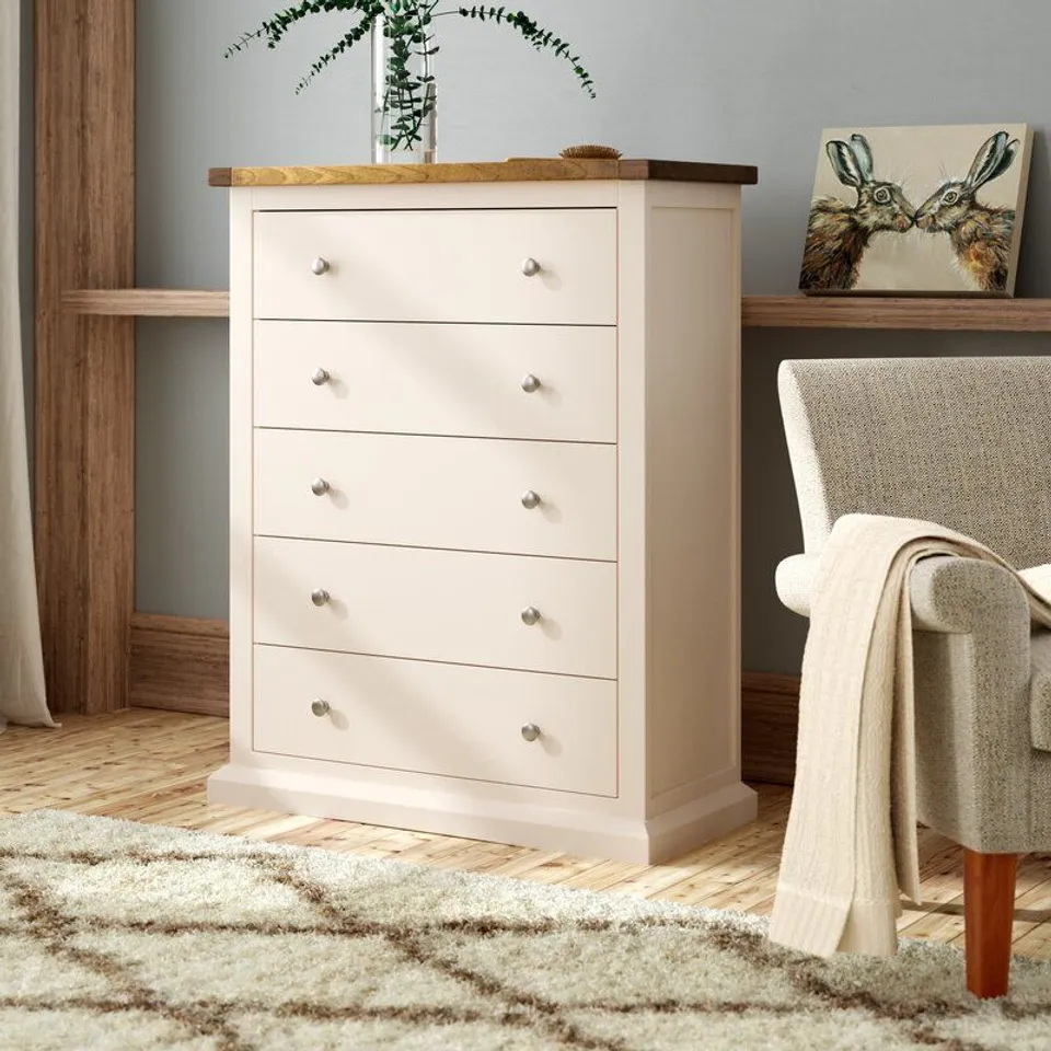 BOXED DESIGNER 5 DRAWER CHEST OF DRAWERS- OFF WHITE