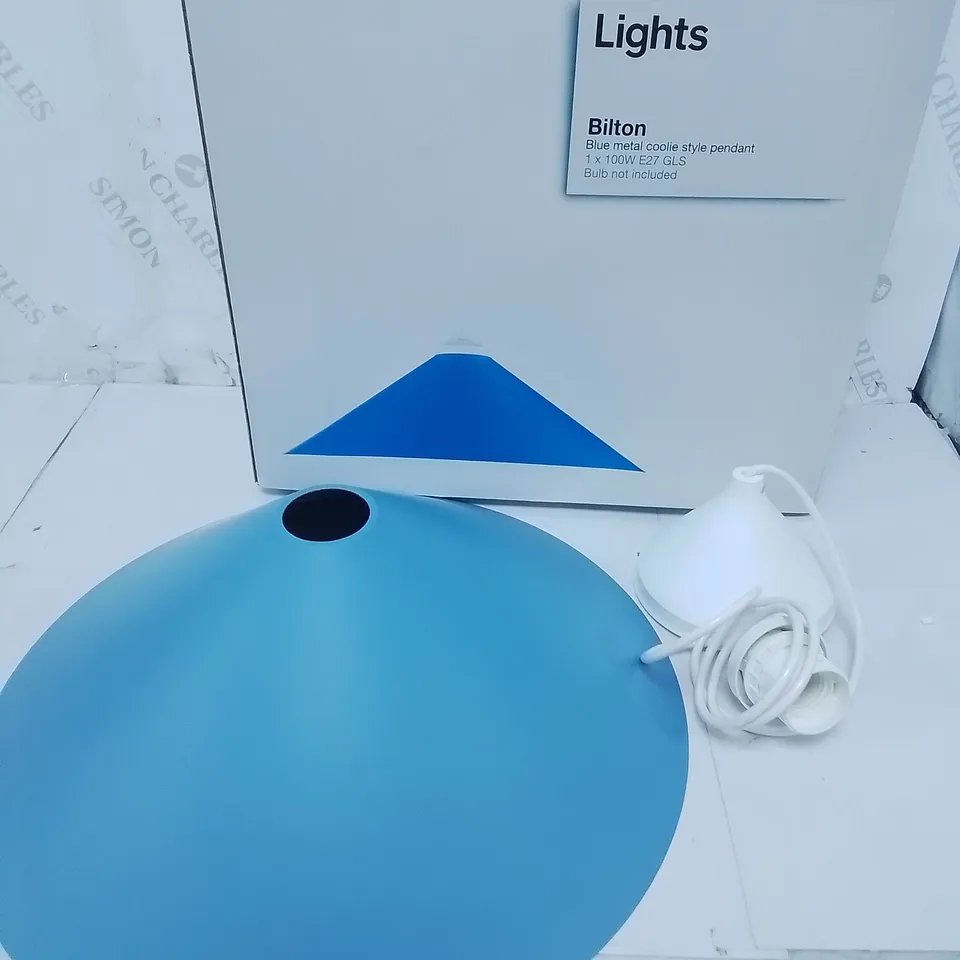 PALLET CONTAINING 23 AS NEW 2-PACK BOXES OF BILTON BLUE METAL COOLIE STYLE PENDANT LIGHTS