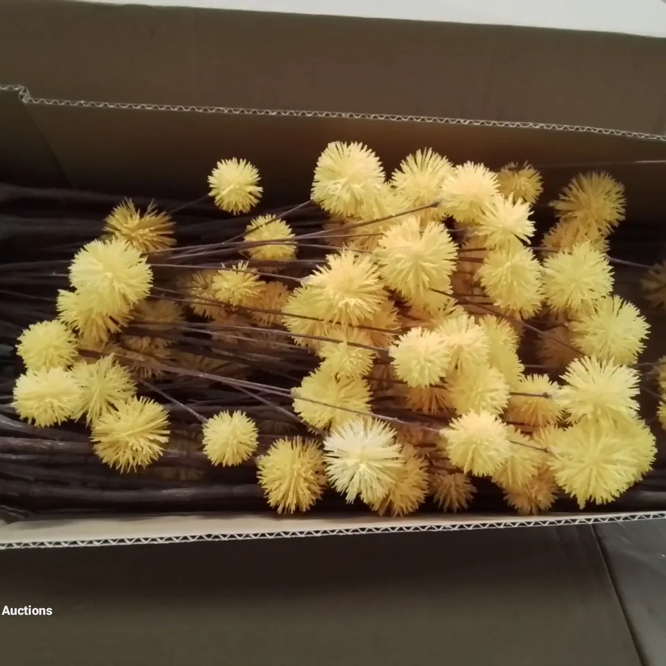 PALLET CONTAINING APPROXIMATELY 50 BOXES OF FAUX MUSTARD POM POM SINGLE STEMS