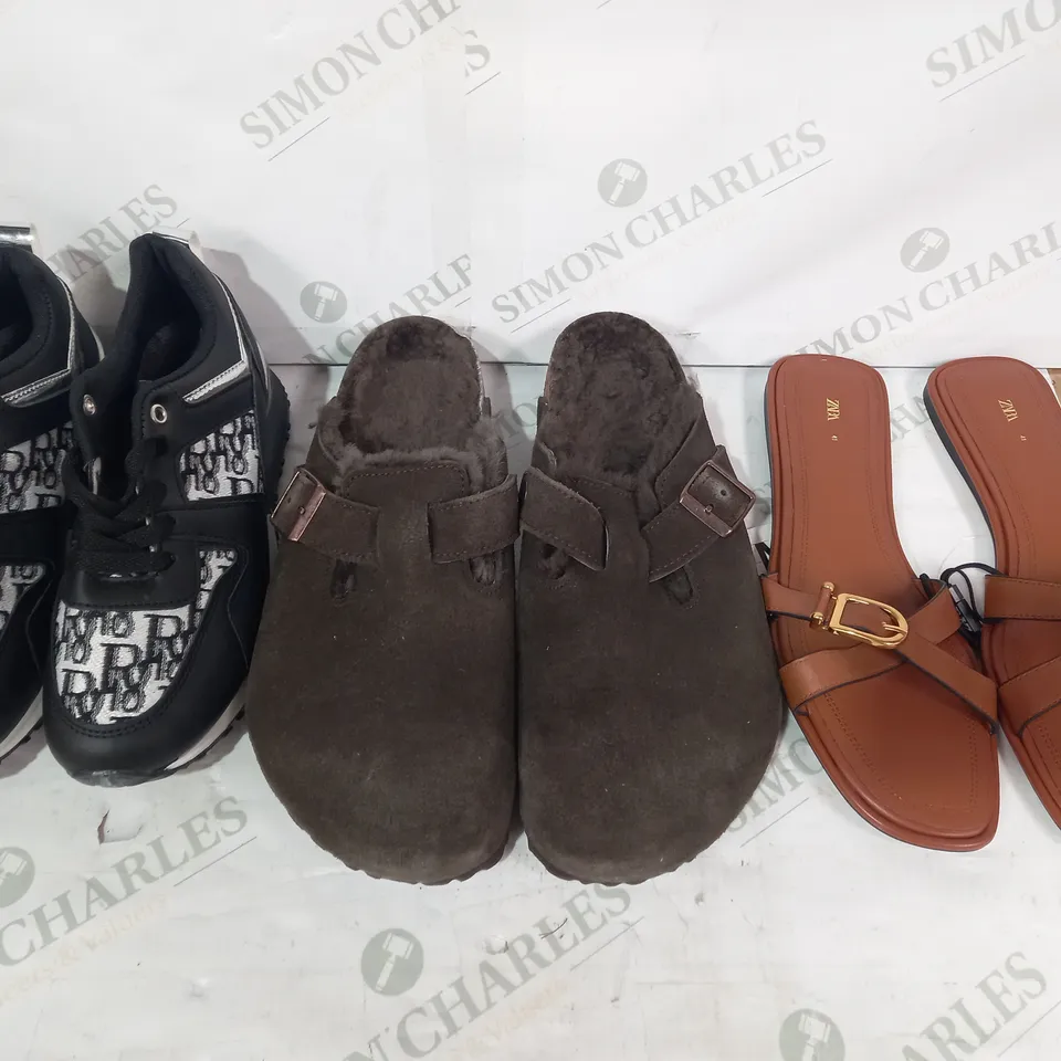 BOX OF APPROXIAMTELY 20 ASSORTED PAIRS OF SHOES IN VARIOUS STYLES AND SIZES TO INCLUDE ZARA, BIRKENSTOCK, DIOR, ETC