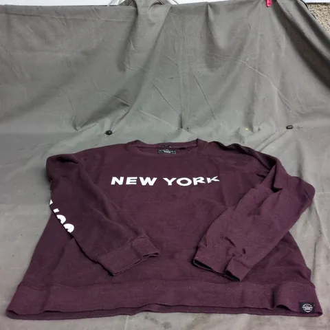 SUPERDRY NEW YORK PURPLE JUMPER, SIZE 2