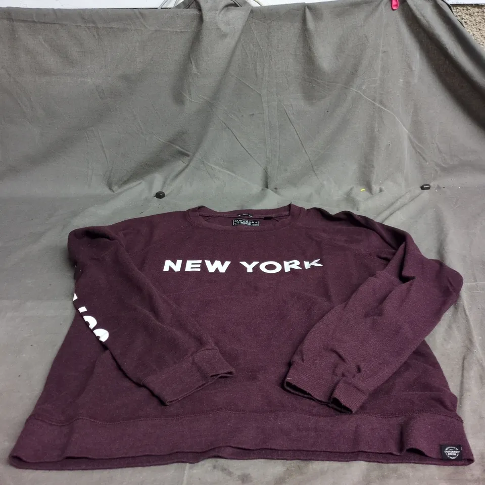 SUPERDRY NEW YORK PURPLE JUMPER, SIZE 2