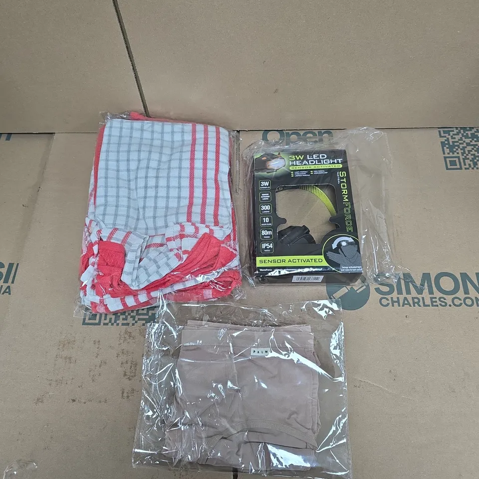 LARGE QUANTITY OF ASSORTED ITEMS TO INCLUDE 3W HEADLIGHT, MULTIPACK OF TEA TOWELS, LADIES BRIEFS, ETC - COLLECTION ONLY