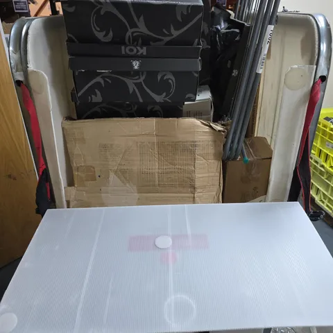 CAGE OF APPROXIMATELY 14 ASSORTED ITEMS INCLUDING KOI SHOES , CLOTHES MAIDEN AND CURVED TRANSFER BOARD