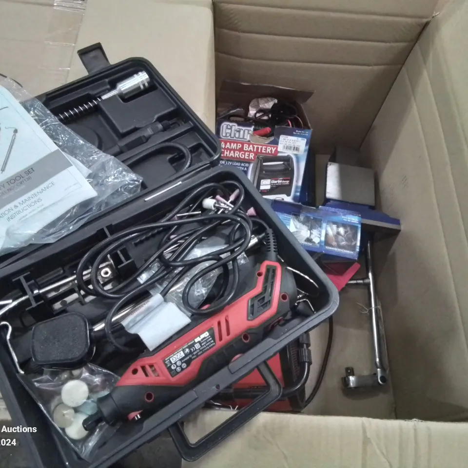 BOX OF MIXED TOOLS TO INCLUDE: ROTARY TOOL SET, 4AMP BATTERY CHARGER, LED RECHARGEABLE WORK LIGHT ETC.