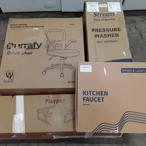PALLET OF ASSORTED PRODUCTS INCLUDING OFFICE CHAIR, PLAYPEN, PRESSURE WASHER, KITCHEN FAUCET, FOLDING WAGON