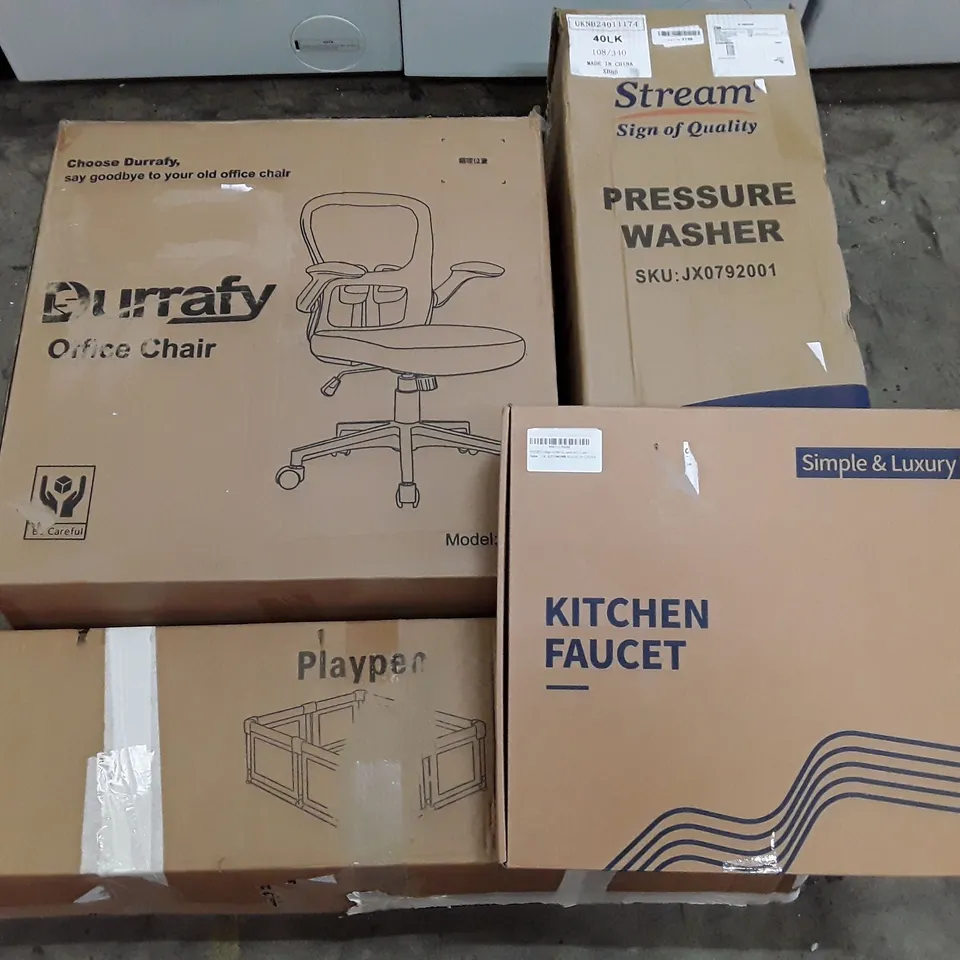 PALLET OF ASSORTED PRODUCTS INCLUDING OFFICE CHAIR, PLAYPEN, PRESSURE WASHER, KITCHEN FAUCET, FOLDING WAGON 