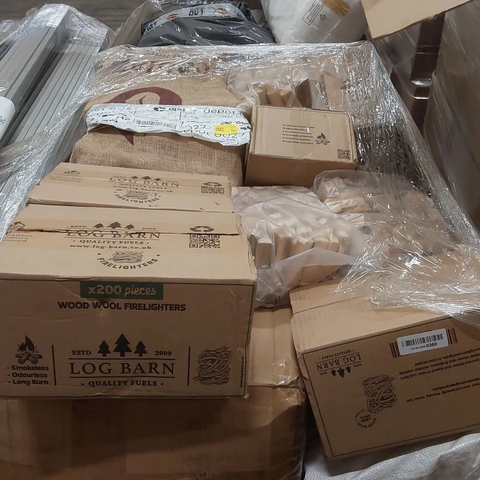 PALLET CONTAINING A LARGE QUANTITY OF FIREWOOD, FIRELIGHTERS ECT