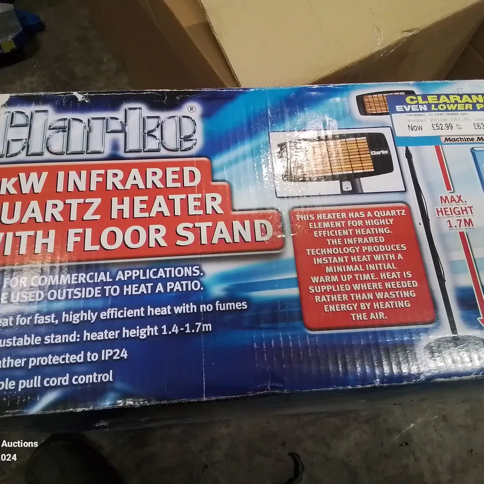 BOXED CLARKE 2KW INFRARED QUARTZ HEATER WITH FLOOR STAND 