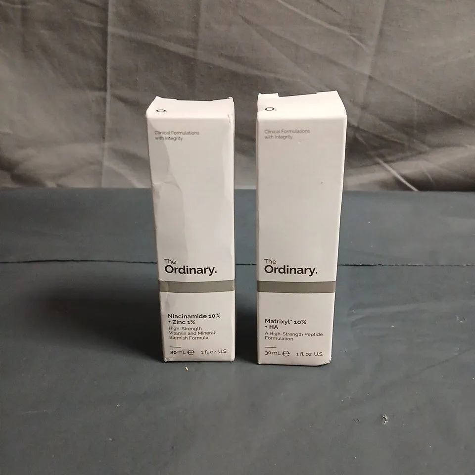 TWO THE ORDINARY SERUMS: NIACINAMIDE 10% + ZINC 1% (30ML) AND MATRIXYL 10% + HA (30ML), BOXED