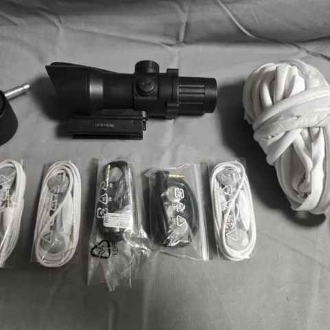 APPROXIMATELY 40 ASSORTED ITEMS TO INCLUDE UNBRANDED HEADPHONES, SCOPE, ETC
