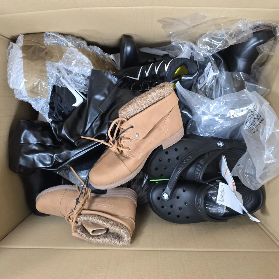BOX OF APPROXIMATELY 12 PAIRS OF ASSORTED SHOES IN VARIOUS COLOUR, STYLES AND SIZES
