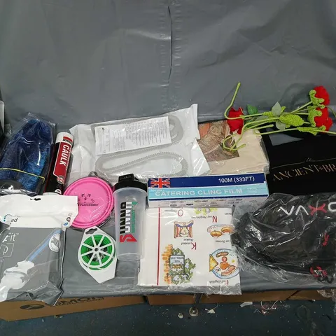 BOX OF APPROXIMATELY 15 ASSORTED ITEMS TO INCLUDE - VAXO BACKPACK, RESMED AIRTOUCH F20, AND CLING FILM ETC.