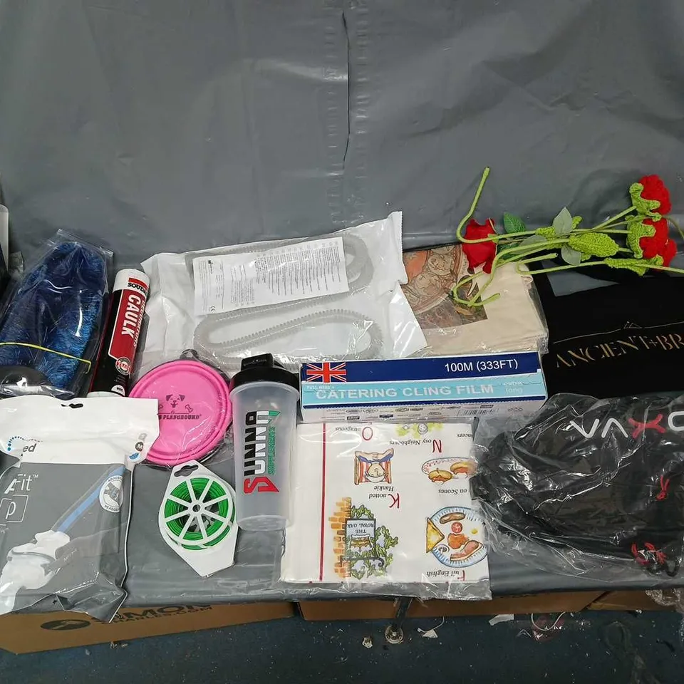 BOX OF APPROXIMATELY 15 ASSORTED ITEMS TO INCLUDE - VAXO BACKPACK, RESMED AIRTOUCH F20, AND CLING FILM ETC. 