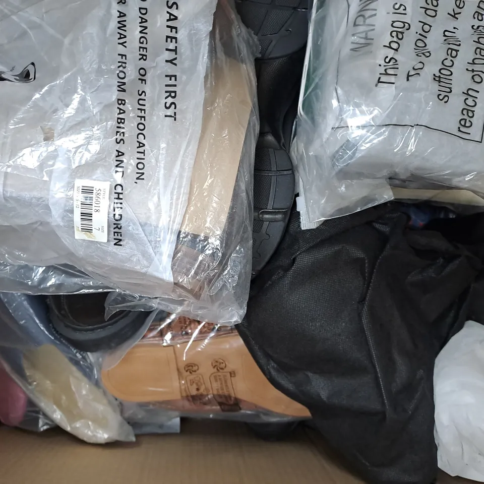 BOX OF APPROXIMATELY 10 ASSORTED PAIRS OF SHOES AND FOOTWEAR ITEMS IN VARIOUS COLOURS, STYLES, AND SIZES - COLLECTION ONLY