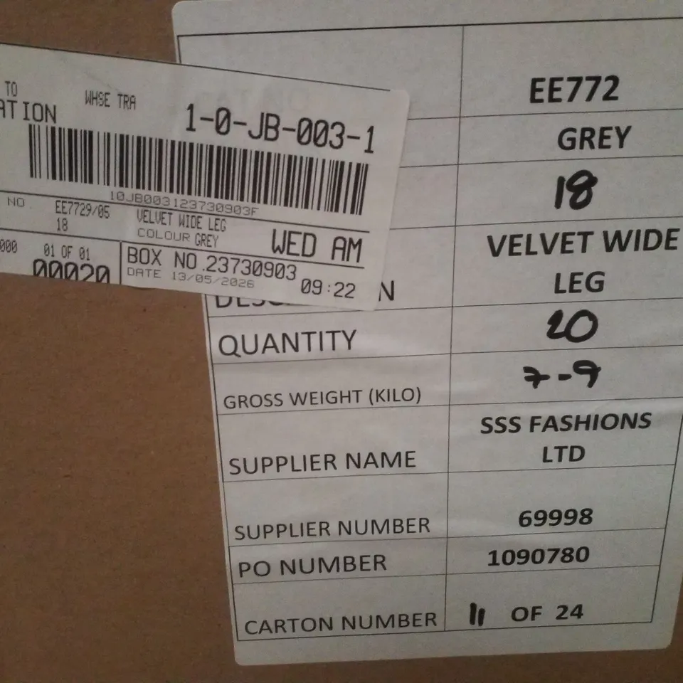 BOX CONTAINING APPROXIMATELY 20 BRAND NEW JD WILLIAMS GREY VELVET WIDE LEG TROUSERS - SIZE 18