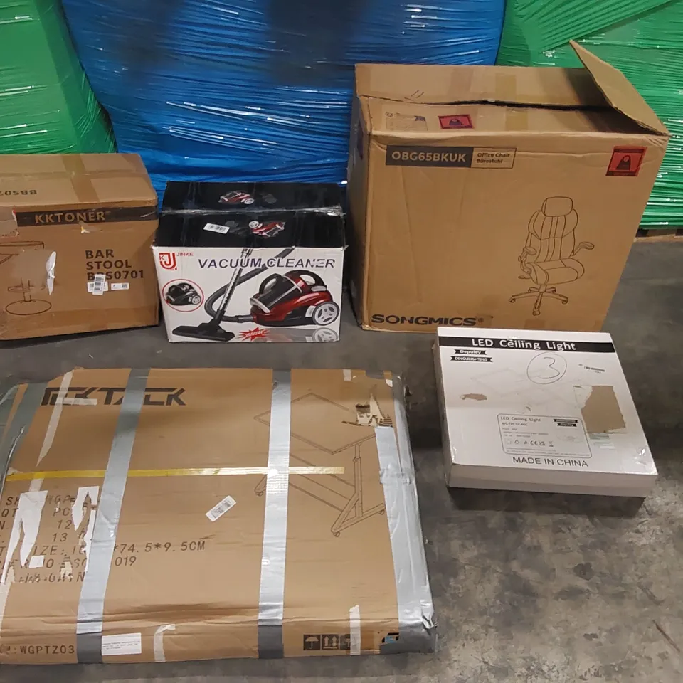 PALLET OF ASSORTED CONSUMER PRODUCTS TO INCLUDE: OFFICE CHAIR, ELECTRIC GRILL VACUUM CLEANER, DESK, BAR STOOL, LED CEILING LIGHT, MULTIFUNCTIONAL FOOD PROCESSOR ECT