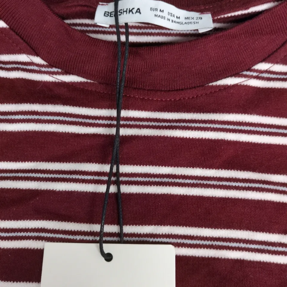BERSHKA STRIPED MAROON & WHITE LONG-SLEEVE TOP – WOMEN'S – SIZE M