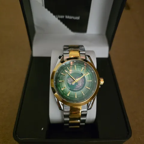 ERNEST FERDINAND WRISTWATCH – GREEN WORLD MAP DIAL, TWO-TONE GOLD & STEEL BRACELET