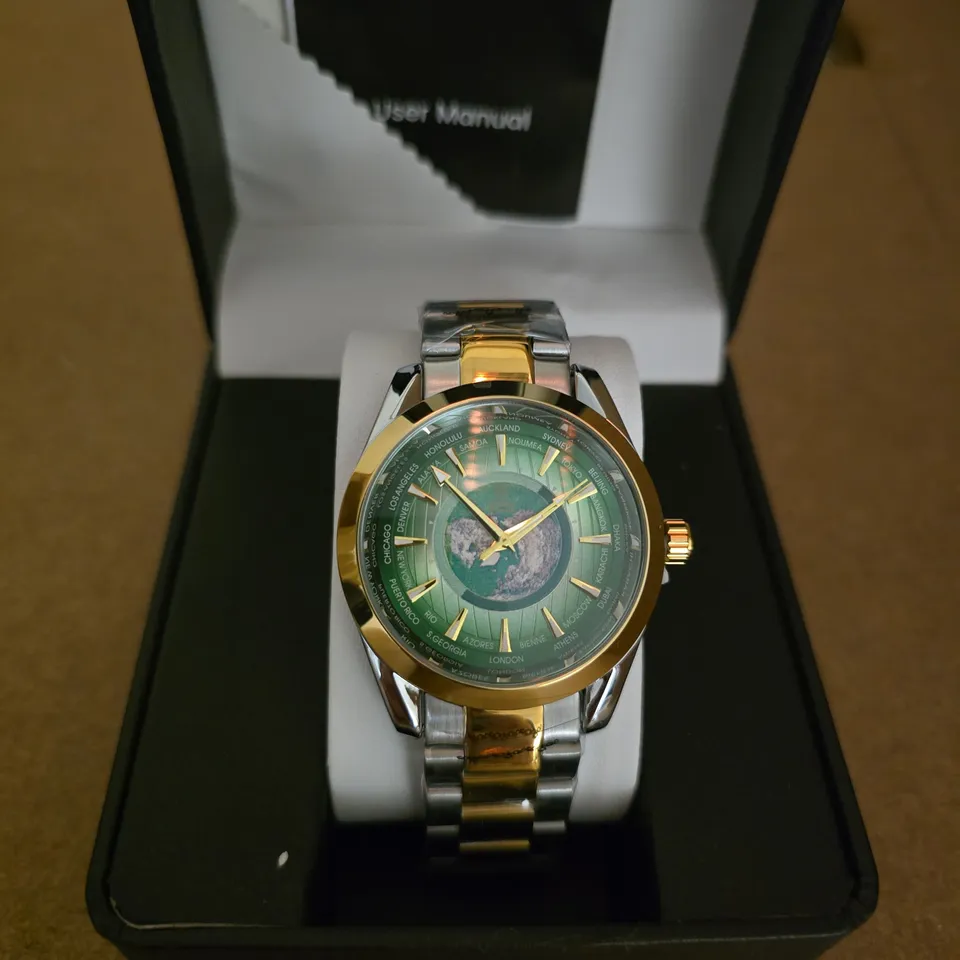 ERNEST FERDINAND WRISTWATCH – GREEN WORLD MAP DIAL, TWO-TONE GOLD & STEEL BRACELET