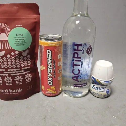 APPROXIMATELY 8 ASSORTED FOOD & DRINK ITEMS TO INCLUDE - OXYSHRED ULTRA ENERGY , ACTIPH WATER , RED BANK ETC