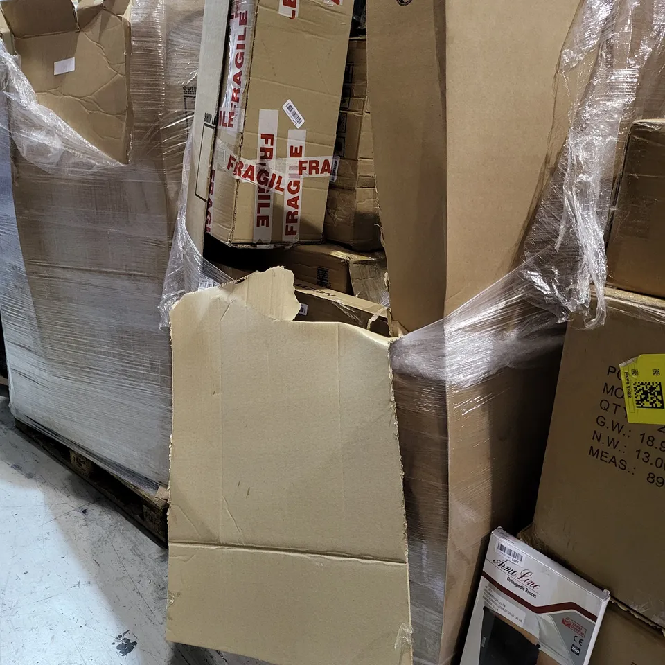 PALLET OF A SIGNIFICANT QUANTITY OF ASSORTED ITEMS TO INCLUDE SLX SATELLITE SPEAKER STAND PAIR, ORTHOPEDIC BRACES, MY WORLD I POSTERS, BAGGED AND ROLLED COT MATTRESS, ETC