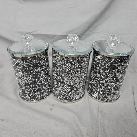 SET OF 3 GLITTERY KITCHEN CANISTERS WITH GLASS LIDS