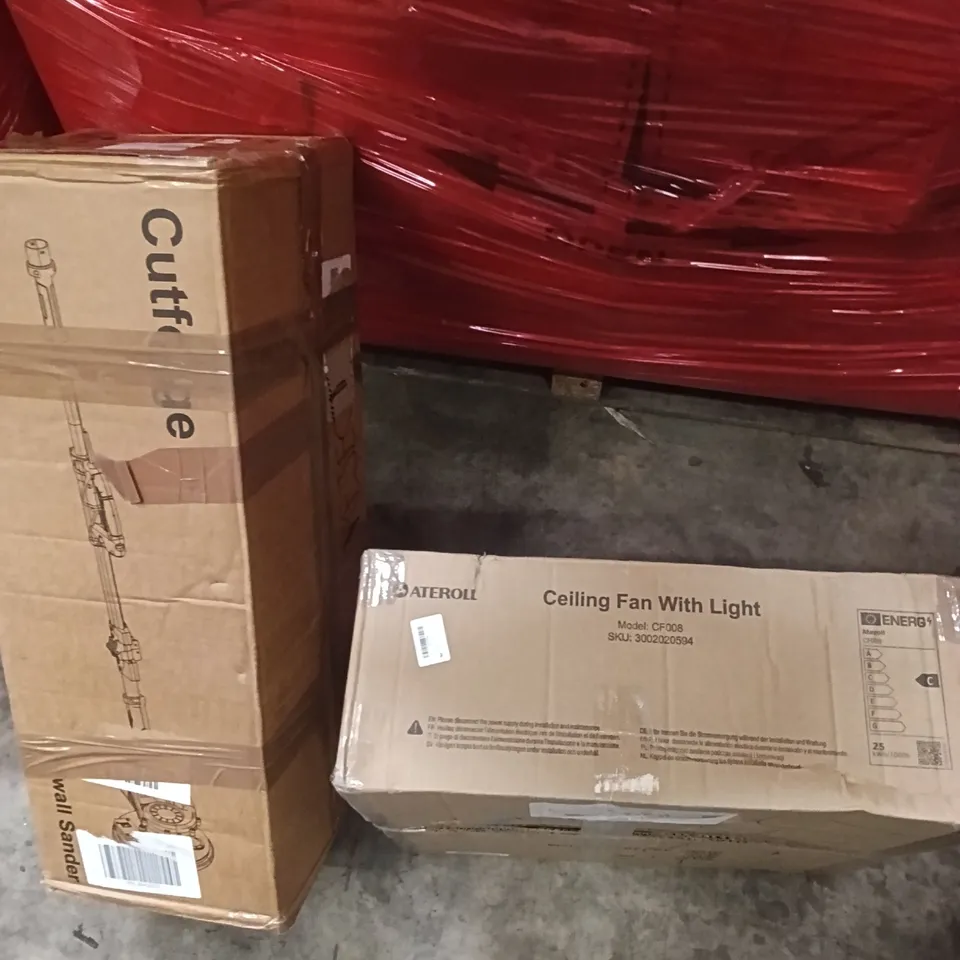 PALLET OF ASSORTED ITEMS INCLUDING - WALL SANDER, CEILING FAN