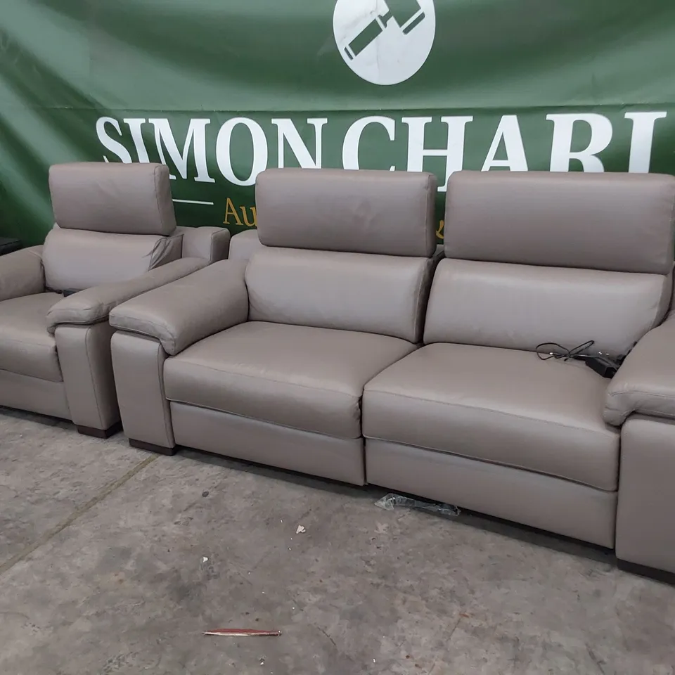 QUALITY ITALIAN DESIGNER RICCARDO POWER RECLINING LOUNGE SUITE, COMPRISING THREE SEATER SOFA & EASY CHAIR MUD LEATHER