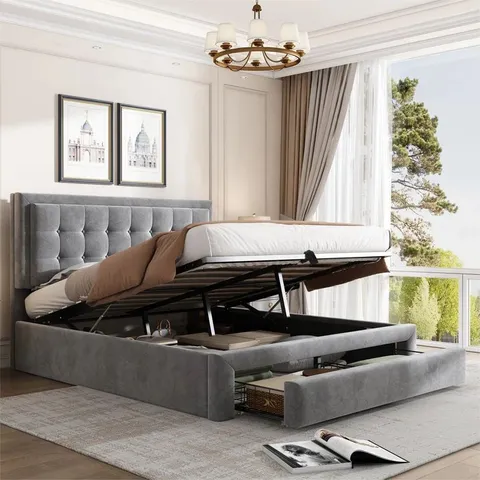 BOXED TYMVOU UPHOLSTERED STANDARD BED - DOUBLE, GREY (2 BOXES)