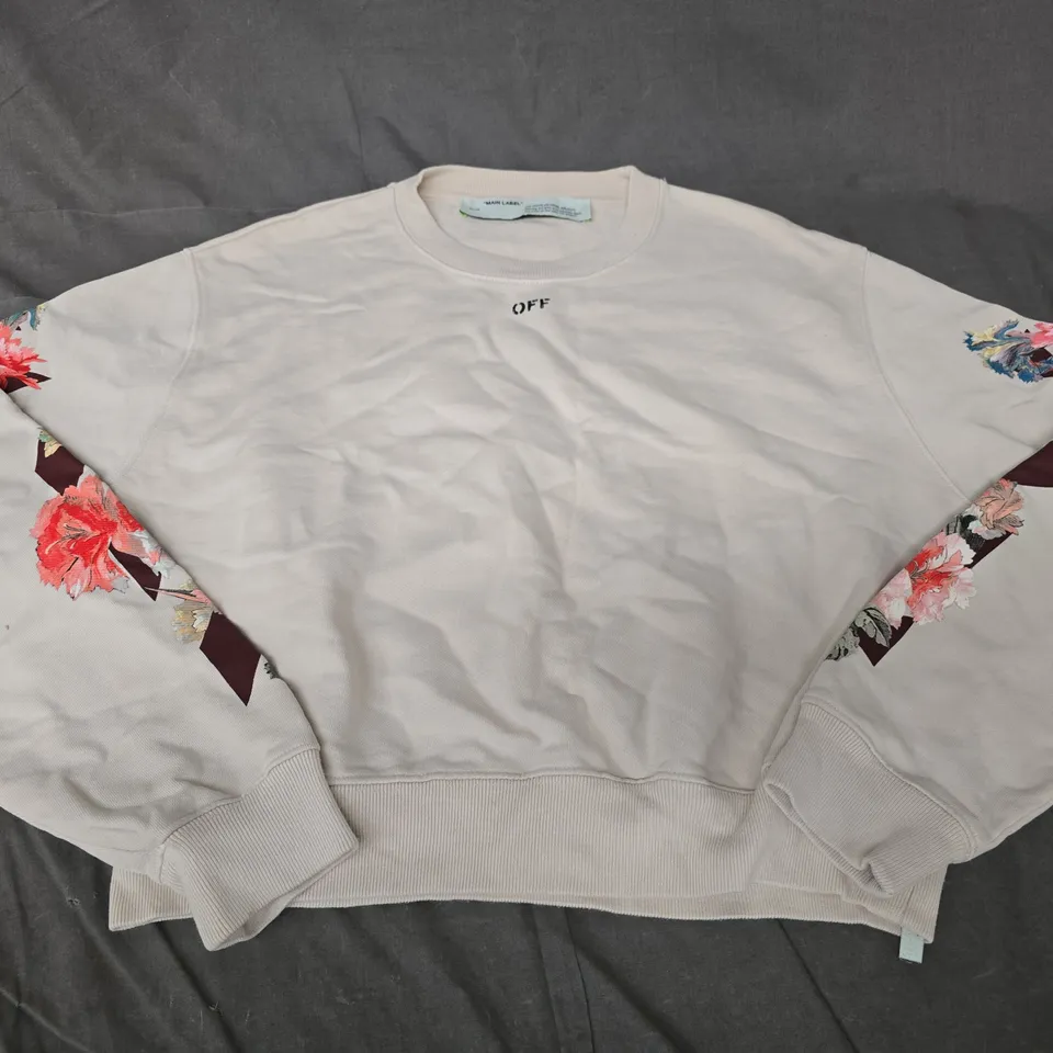 OFF-WHITE SWEATSHIRT – FLORAL SLEEVE PRINT, SIZE M - WOMENS 