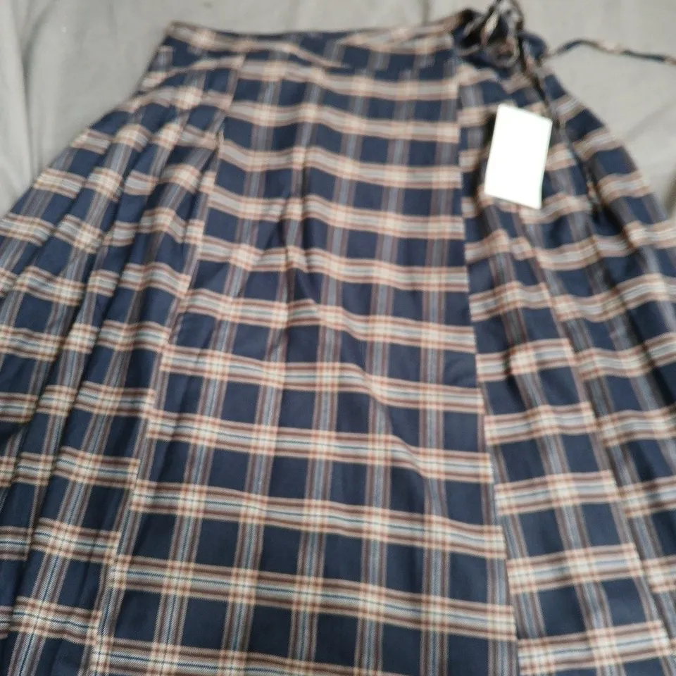 NOBODY'S CHILD CHECK MIDI KILT SKIRT – NAVY & BROWN, UK 12 (EU 40, US 8)