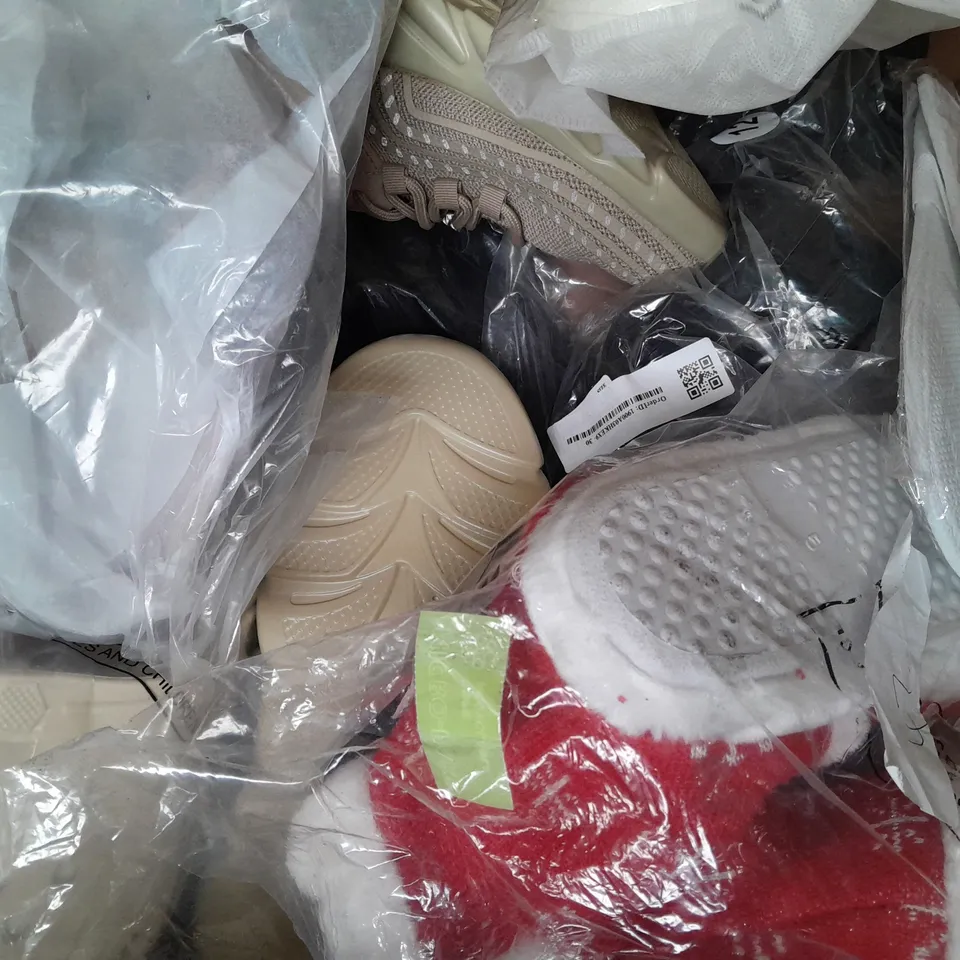 BOX OF APPROXIMATELY 15 ASSORTED PAIRS OF SHOES AND FOOTWEAR ITEMS IN VARIOUS COLOURS, STYLES, AND SIZES - COLLECTION ONLY