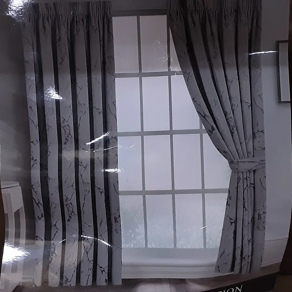 TATHANA MARBLE PENCIL PLEAT BLACKOUT THERMAL CURTAINS - GREY MARBLE ( 229 X 274 cm)
