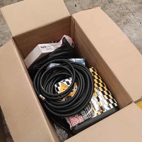 BOX OF ASSORTED PARTS AND DIY TOOLS TO INCLUDE HOT AIR GUN, RUBBER HOSING, WELDING WIRE ETC. (1 BOX)