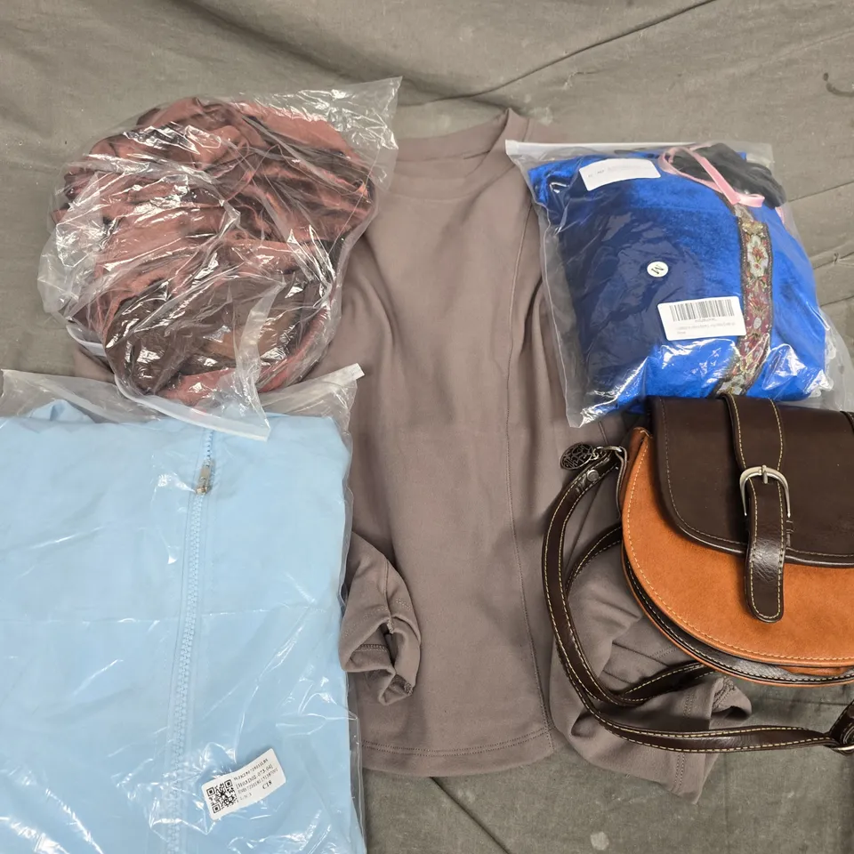 APPROXIMATELY 35 ASSORTED CLOTHING ITEMS IN VARIOUS SIZES, STYLES & COLOURS TO INCLUDE HANDBAG, TOP, DRESS, ETC - COLLECTION ONLY