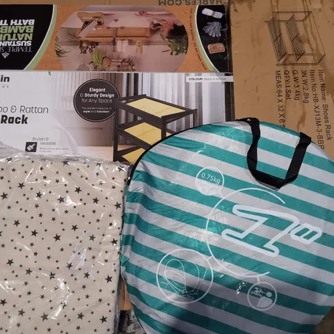 LARGE PALLET OF ASSORTED HOUSEHOLD ITEMS TO INCLUDE SHOE RACKS, POP UP TENT,TRANSPARENT MAT AND TV CART