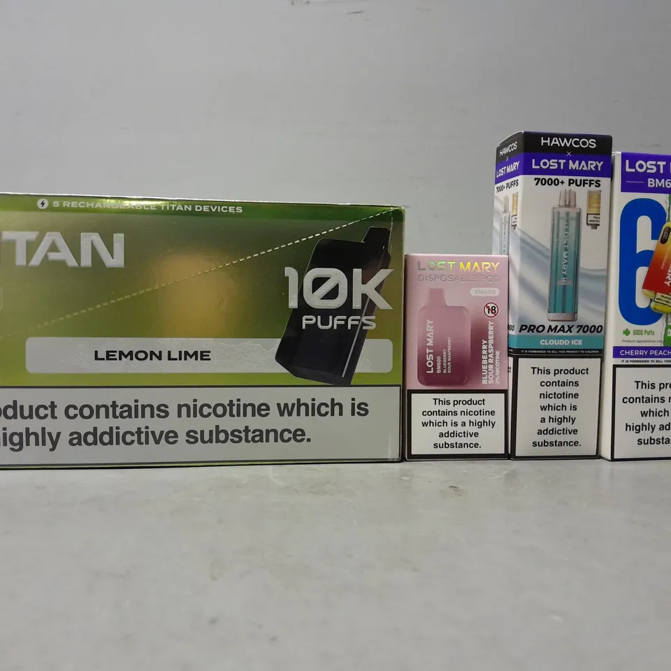 APPROXIMATELY 15 ASSORTED E-CIGARETTE PRODUCTS TO INCLUDE - LOST MARY ,ASPIRE , TITAN ETC