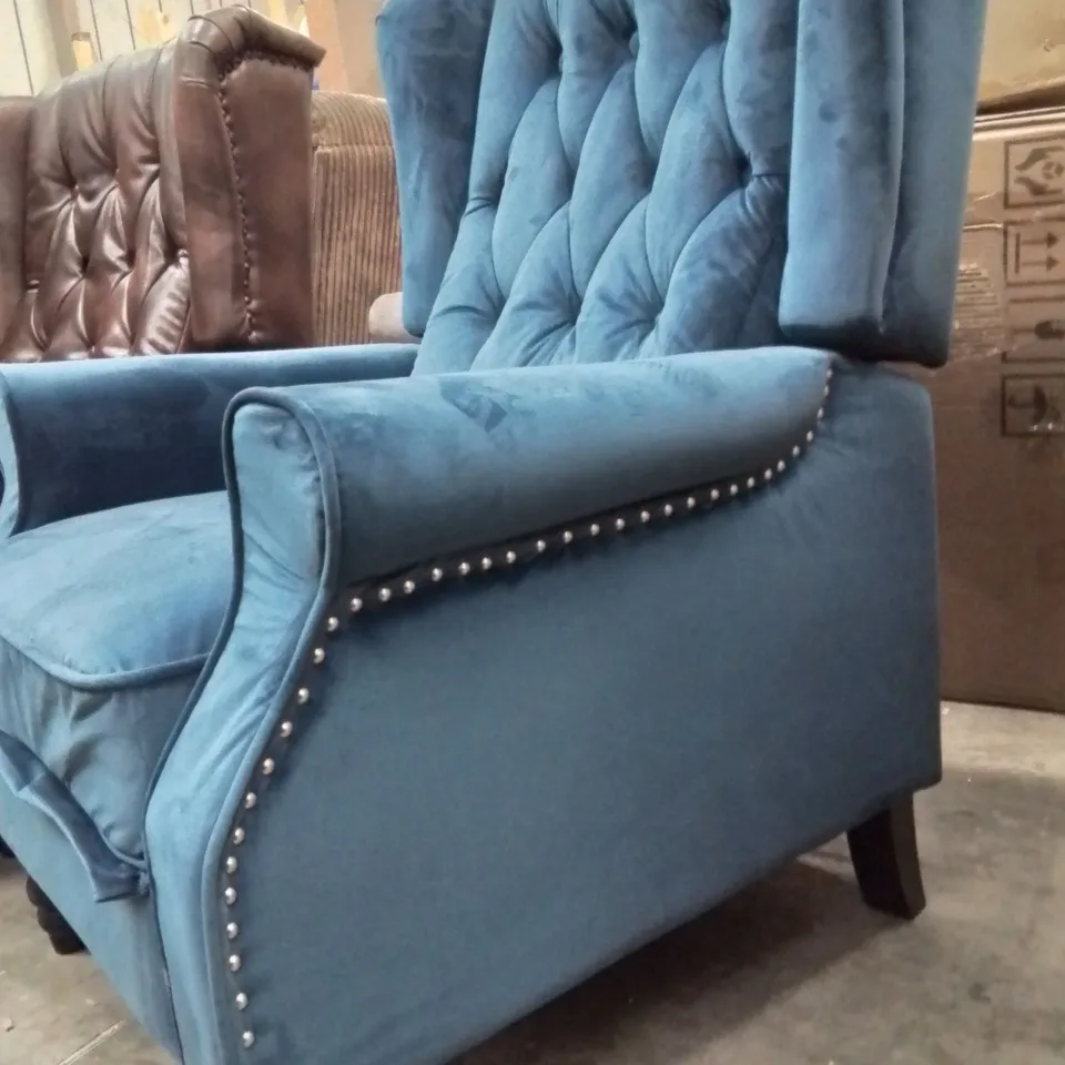 QUALITY DESIGNER BLUE FABRIC UPHOLSTERED BUTTON BACK ARM CHAIR 