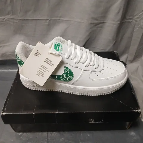 NIKE AIR FORCE 1 LOW WHITE SNEAKERS WITH GREEN PAISLEY SWOOSH – BOXED. UK SIZE 7.5