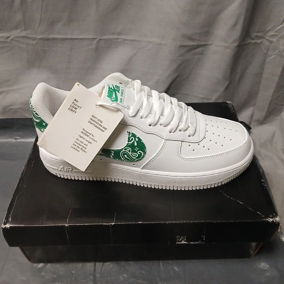 NIKE AIR FORCE 1 LOW WHITE SNEAKERS WITH GREEN PAISLEY SWOOSH – BOXED. UK SIZE 7.5