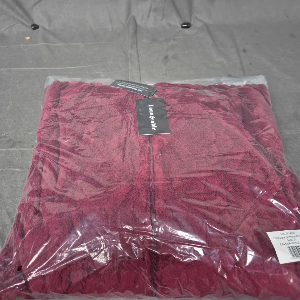LOUNGEABLE CABLE CUTWORK HOODED ALL-IN-ONE BATHROBE – BURGUNDY – SIZE M