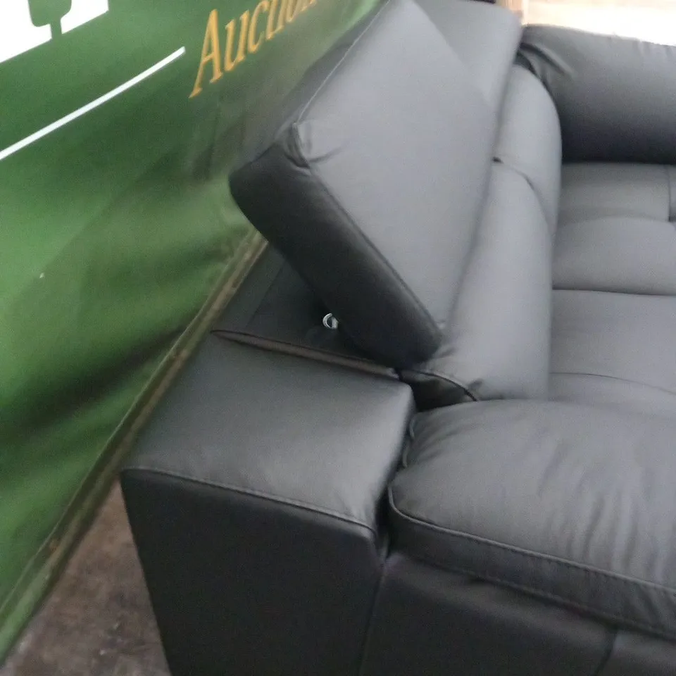 DESIGNER BLACK FAUX LEATHER TWO SEATER SOFA WITH SQUARE PANEL DETAIL AND ADJUSTABLE HEADRESTS